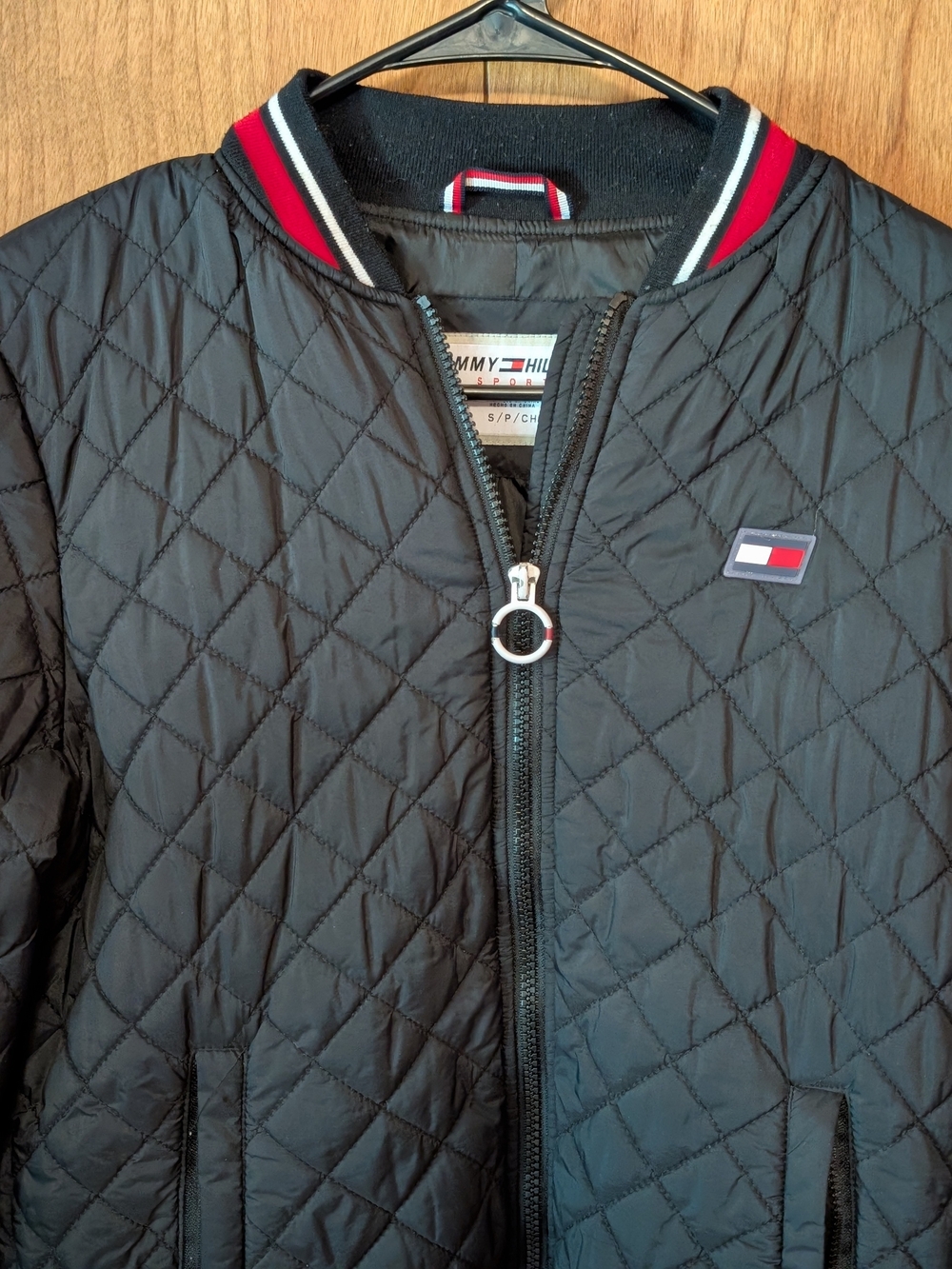 Tommy Hilfiger Women's Black Quilted Bomber with Red & White Trim